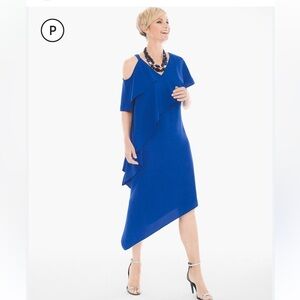 NWT Chico’s Asymmetrical short Ruffle special occasion dress high low blue XLP